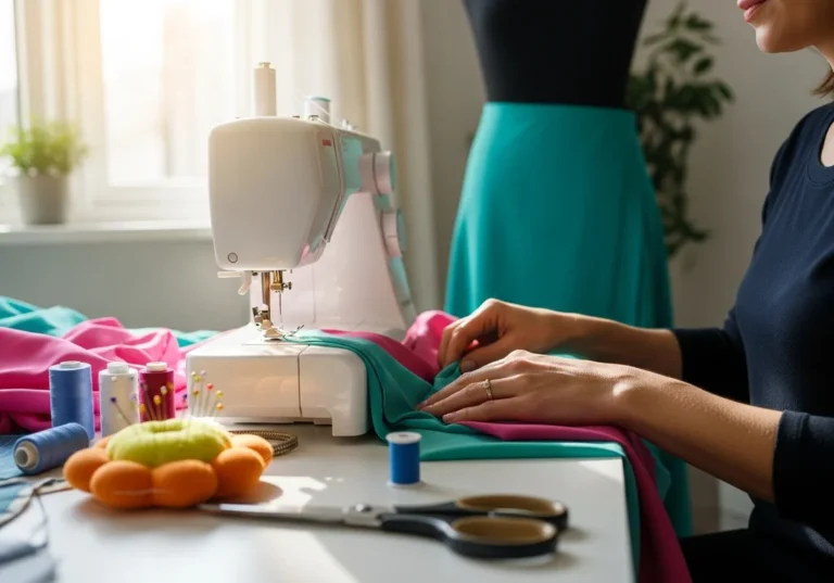Kobieta szyje spódnicę kopertową na maszynie, otoczona kolorowymi tkaninami i akcesoriami krawieckimi.
