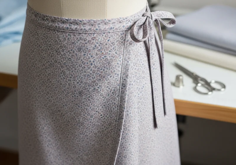 Zbliżenie na wykończony detal spódnicy kopertowej z kokardą.