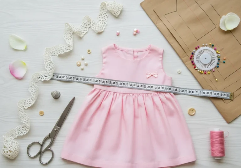 Różowa sukienka dla dziewczynki, akcesoria do szycia, miarka krawiecka, koronka, nożyczki i materiały.