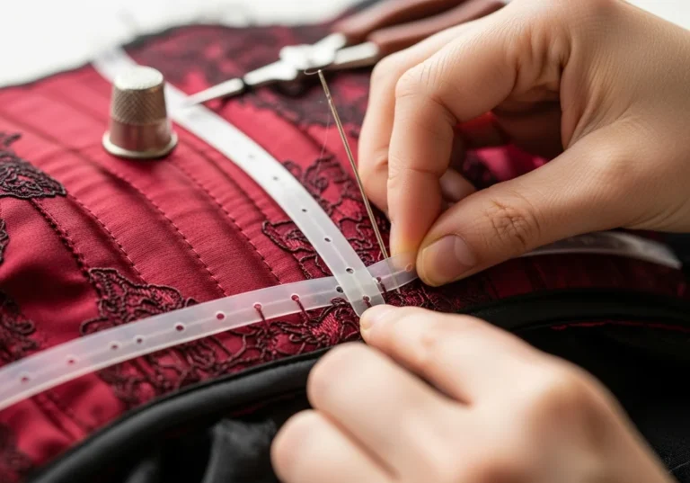 Zbliżenie na ręce wszywające plastikowe fiszbiny do gorsetu z czerwonej satyny.