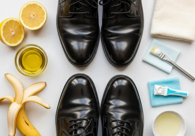 Domowe sposoby na wypastowanie czarnych skórzanych butów: cytryna, banan, oliwa, pędzelki i ściereczki.