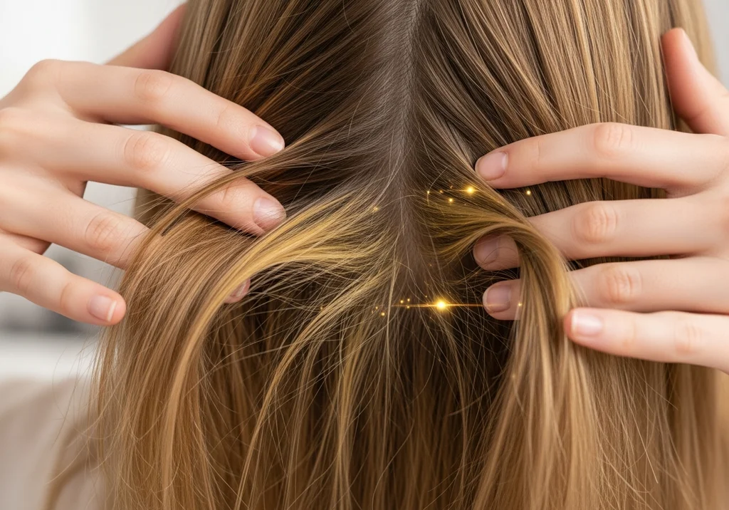 Zbliżenie na dłonie rozdzielające blond włosy z widocznym żółtym odrostem i złotymi refleksami.