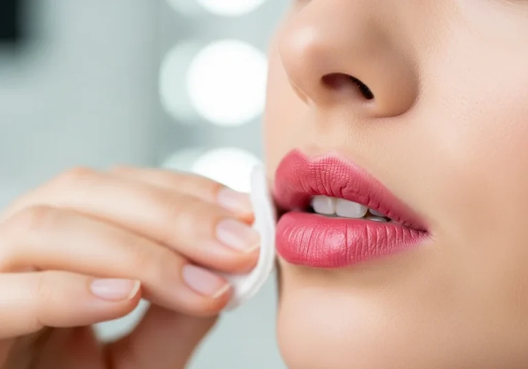 Zbliżenie na usta kobiety z różową szminką, zmywaną wacikiem przez dłoń.