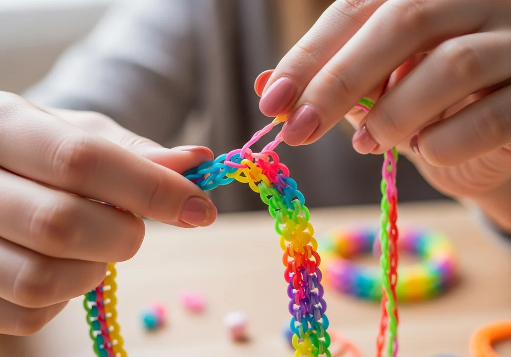 Kobieta tworzy kolorową bransoletkę z gumek, używając kilku sztuk gumek na raz.