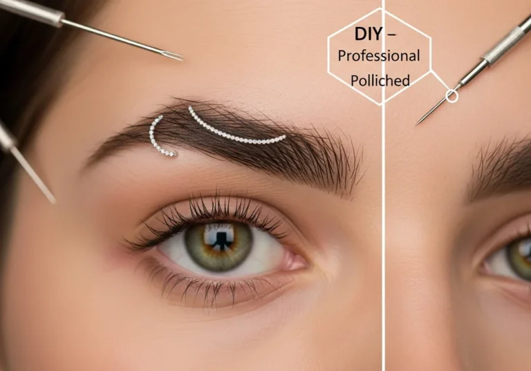 Zbliżenie na oko z kolczykiem w brwi i narzędziami do przekłuwania.