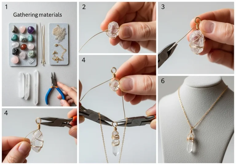 Montaż naszyjnika z kryształu krok po kroku, od materiałów do gotowej ozdoby.