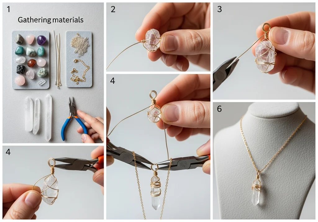 Montaż naszyjnika z kryształu krok po kroku, od materiałów do gotowej ozdoby.