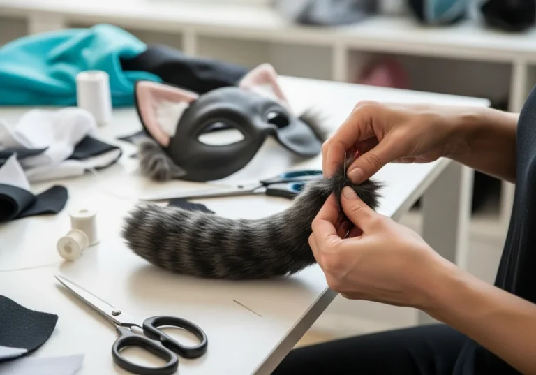 Kobieta szyje sztuczny, szary ogon kota, pracując nad nim przy stole z materiałami.