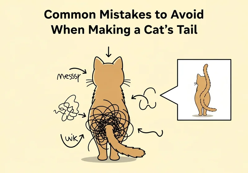 Ilustracja z zabawnym kotem ostrzega przed błędami w robieniu ogona do kostiumu.