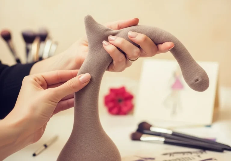 Kobieta tworzy ogon kota z brązowych rajstop, ozdobiony pierścionkiem.