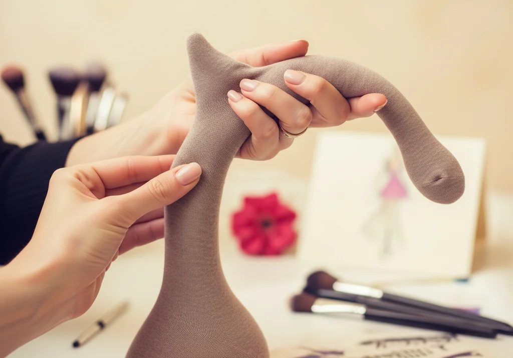 Kobieta tworzy ogon kota z brązowych rajstop, ozdobiony pierścionkiem.
