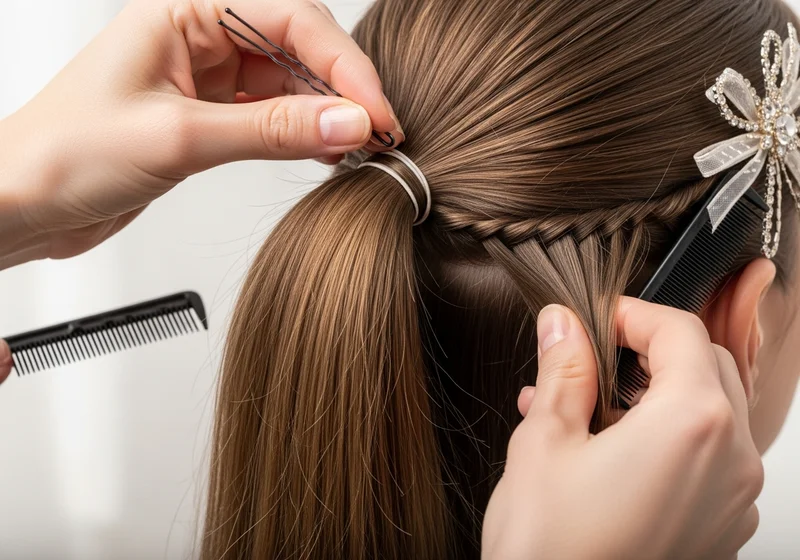 Ręce splatają włosy, tworząc warkocz w kucyku, przygotowując do wykończenia ogona kota.