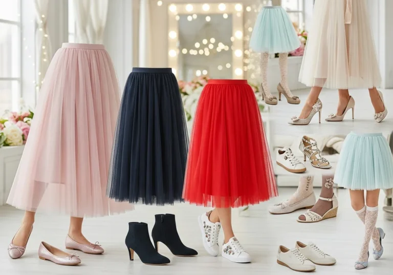 Kompilacja tiulowych spódnic i pasujących do nich butów: balerinek, botków, czółenek, sandałów i sneakersów.