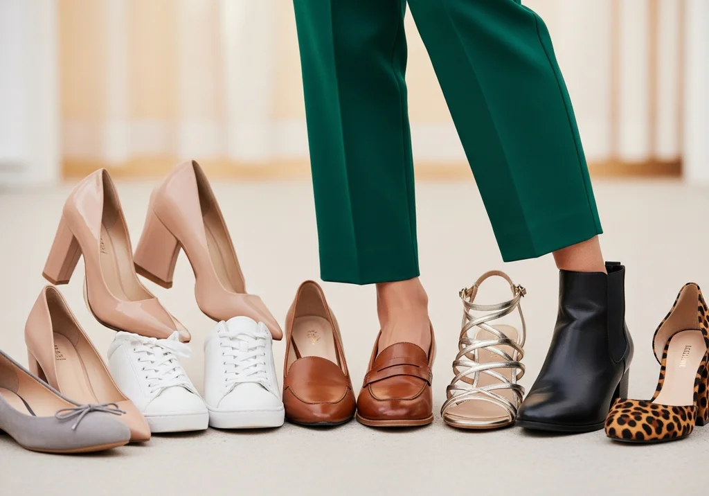 Różnorodne buty damskie: szpilki, sneakersy, mokasyny, sandałki, botki i szpilki w panterkę.