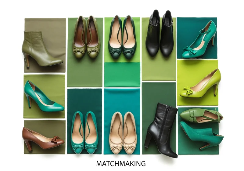 Buty w odcieniach zieleni, czerni i brązu, dopasowane do różnych tonacji zieleni.