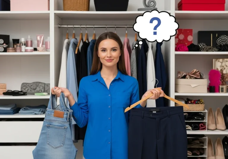 Kobieta zastanawia się, jakie spodnie włożyć do niebieskiej koszuli.