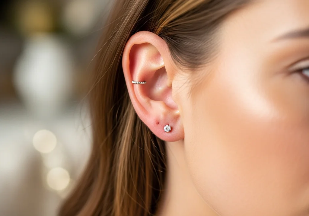 Zbliżenie na ucho kobiety z dwoma kolczykami: jeden w chrząstce ozdobiony cyrkoniami, drugi w płatku ucha z kamieniem.