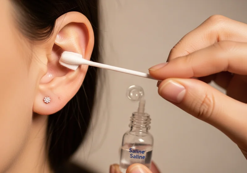 Ucho z kolczykiem w tragusie i osobą aplikującą preparat z butelki na patyczek.
