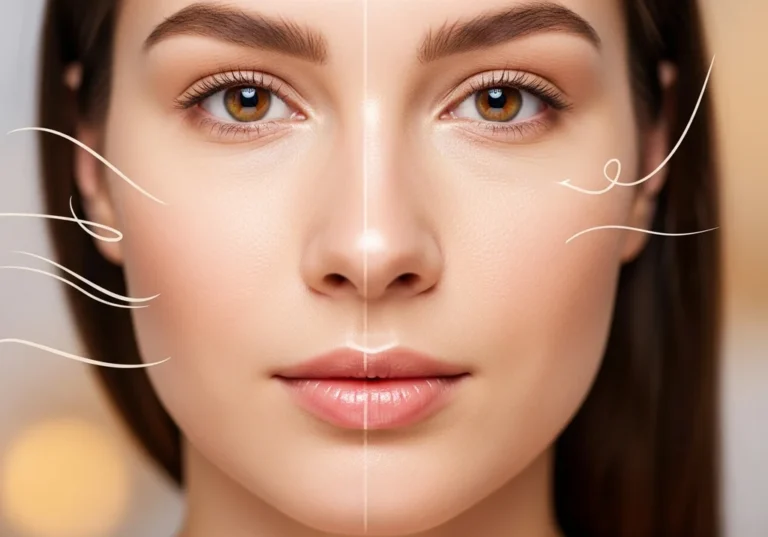 Pół twarzy kobiety przed i po zabiegu poprawiającym cerę.