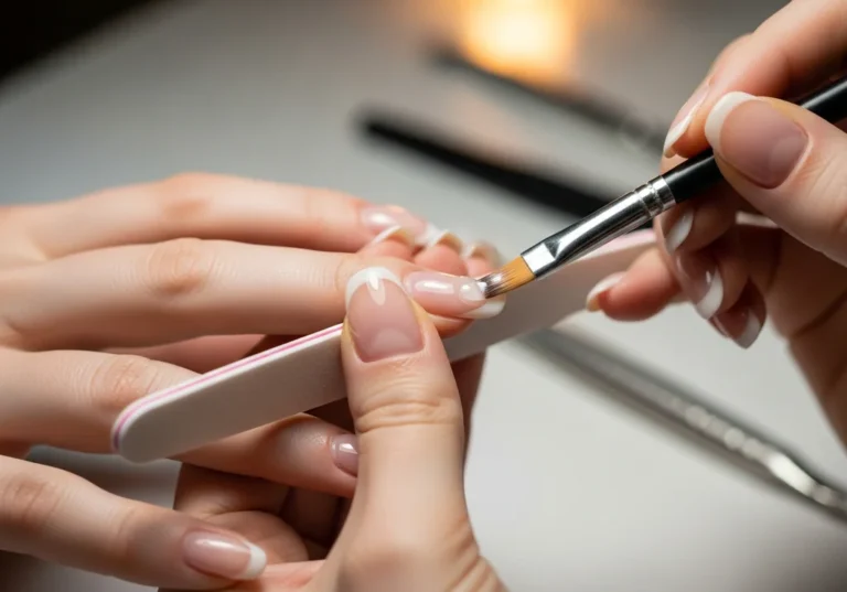 Zbliżenie na paznokcie podczas wykonywania manicure hybrydowego z nadbudową, z użyciem pilnika i pędzelka.