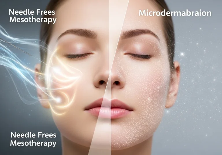 Twarz podzielona na dwie części: mezoterapia bezigłowa i mikrodermabrazja.