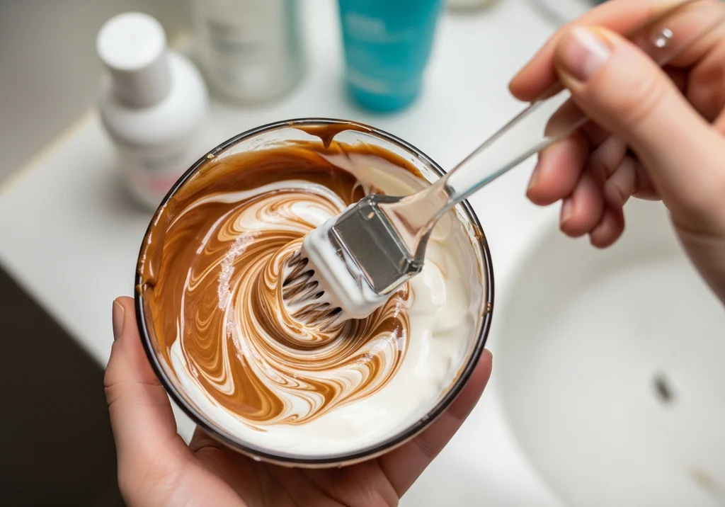 Ręka miesza pędzlem białą i brązową farbę do włosów w szklanej miseczce.