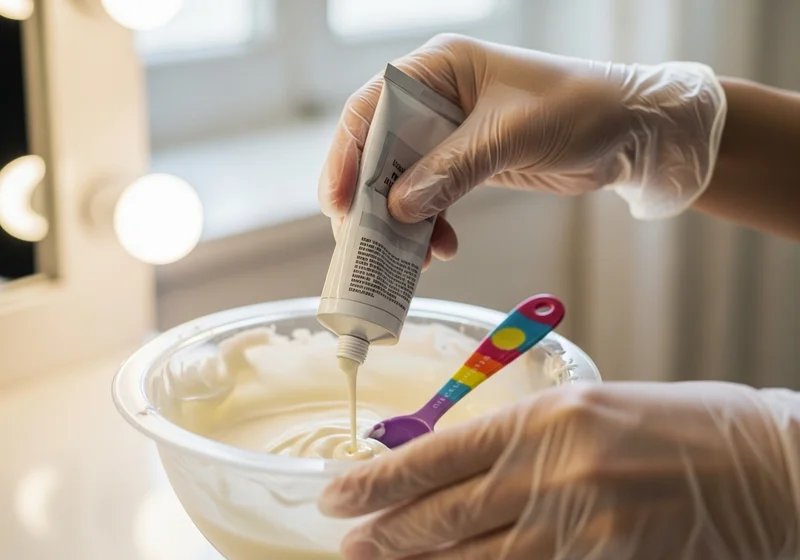 Osoba w rękawiczkach wyciska pastę z tubki do miski z białą masą.