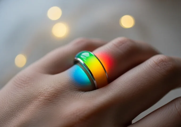 Pierścionek nastroju w tęczowych barwach, otoczony delikatnym światłem.