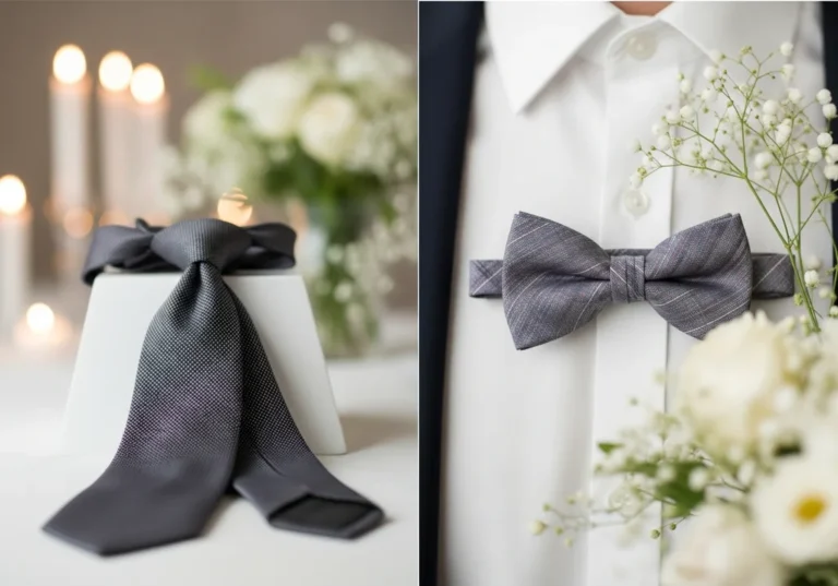 Krawat i mucha – dwa eleganckie akcesoria męskie w kolorze szarym.