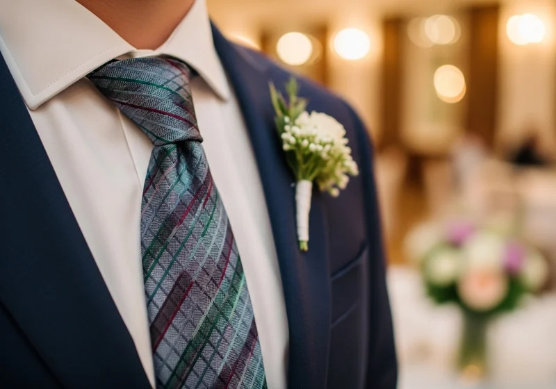 Elegancki krawat w kratkę i butonierka na granatowej marynarce.