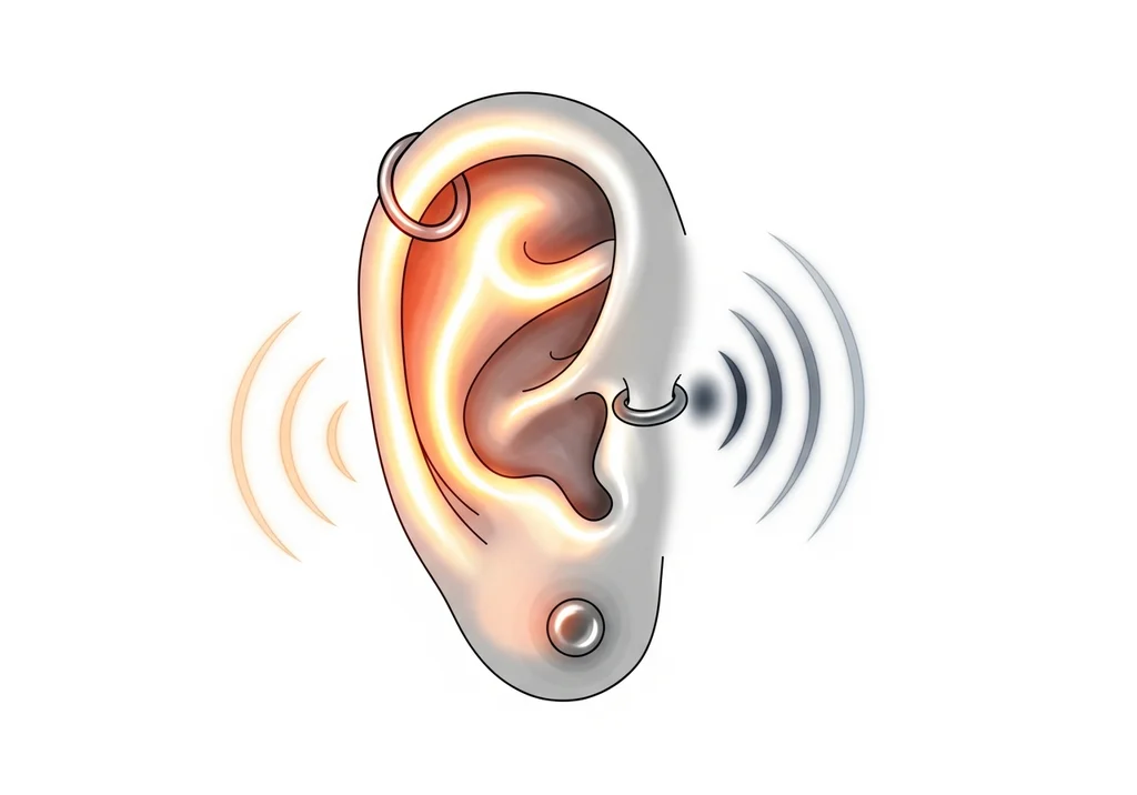Rysunek ucha z kolczykami i falami dźwiękowymi sugerującymi ból i odbiór dźwięku.