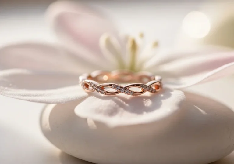 Złota obrączka z brylantami na płatku kwiatu.