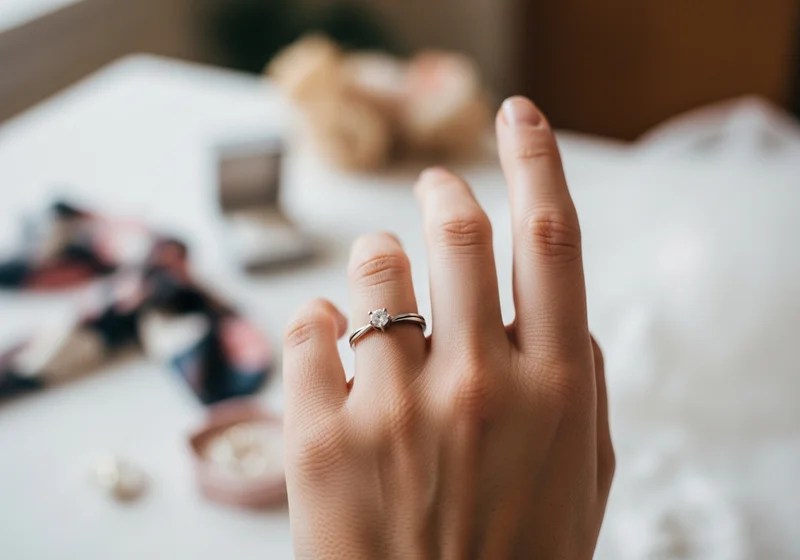 Dłoń z obrączką czystości na serdecznym palcu, obok leży otwarta szkatułka na biżuterię.