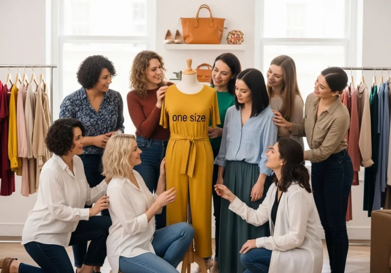 Grupa kobiet ogląda żółty kombinezon na manekinie z napisem "one size".