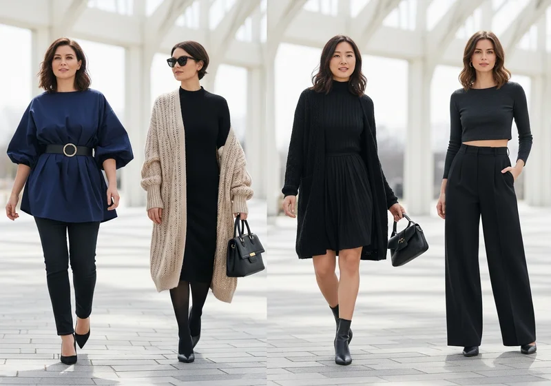 Cztery kobiety prezentują stylizacje z ubraniami one size, bawiąc się proporcjami.