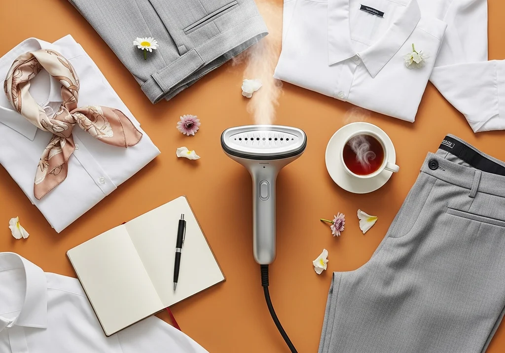 Parownica do ubrań, białe koszule, szare spodnie, notatnik i filiżanka herbaty na pomarańczowym tle.
