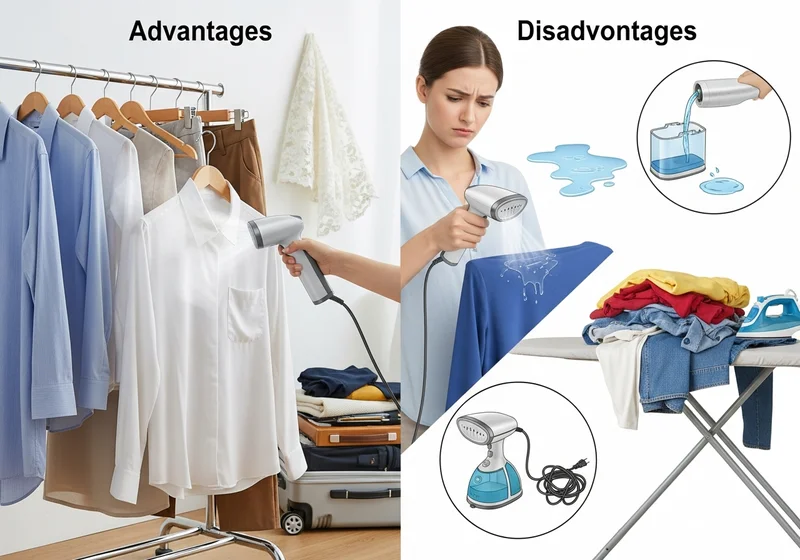 Dwa panele ilustrujące zalety i wady parownicy do ubrań.