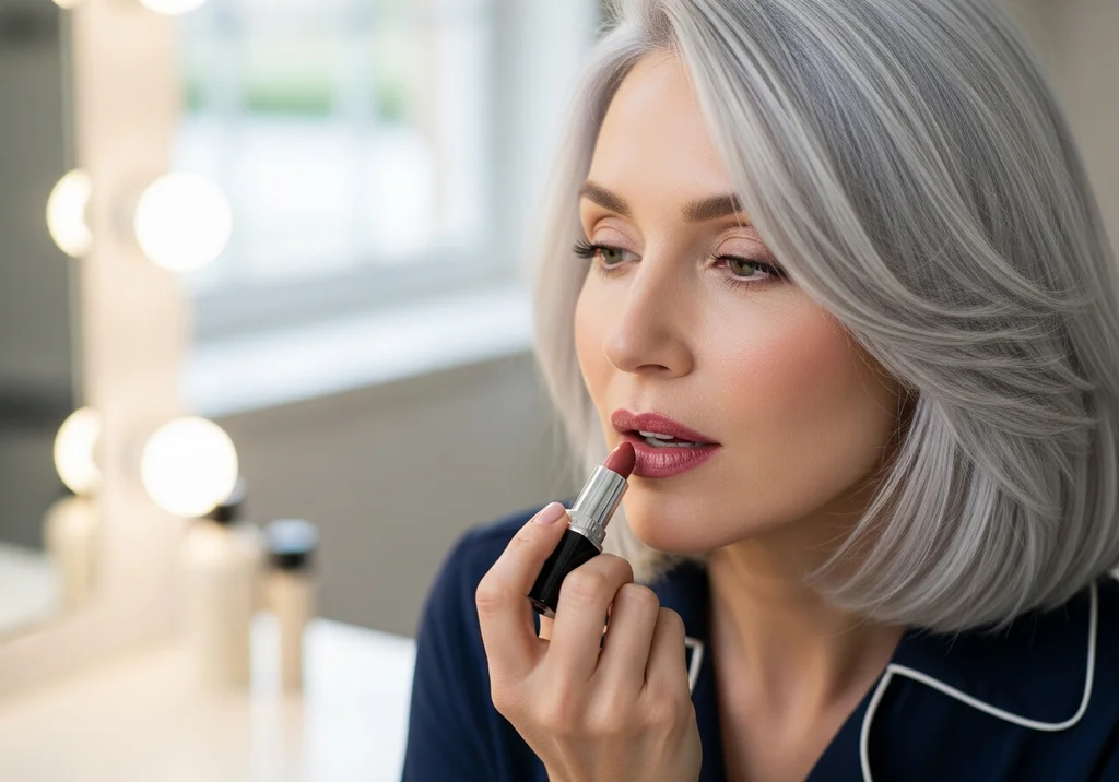 Kobieta z siwymi włosami nakłada czerwoną szminkę przed lustrem z podświetleniem.
