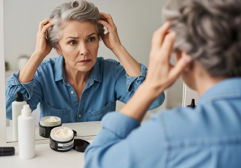 Kobieta w średnim wieku sprawdza w lustrze stylizację siwych włosów, obok stoją kosmetyki.