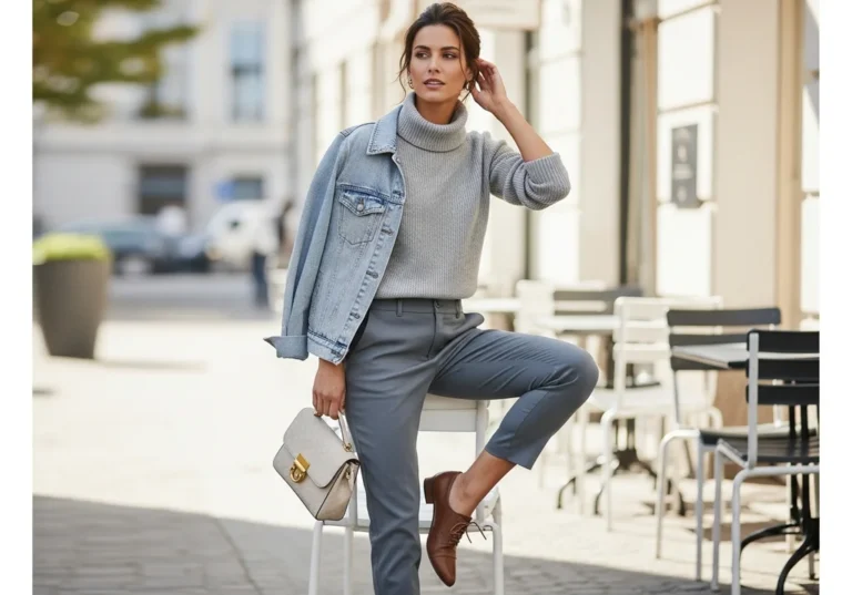 Kobieta w popielatych spodniach, szarym swetrze i dżinsowej kurtce z torebką.