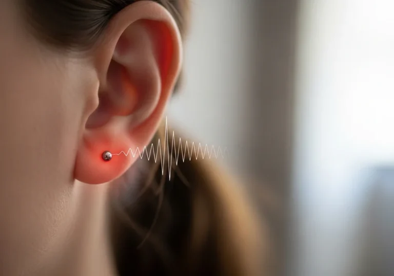 Ucho z kolczykiem i pulsującym bólem przedstawionym jako wykres fal dźwiękowych.