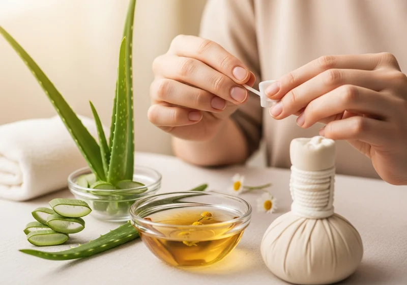 Dłonie przykładają wacik z aloesem do miejsca po przekłuciu ucha.