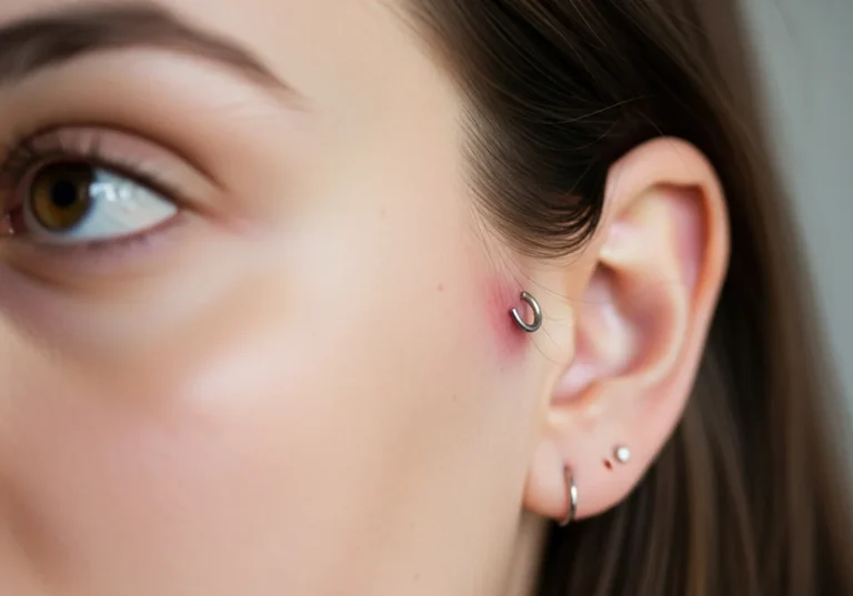 Zbliżenie na piercing rook z zaczerwienieniem i małe kolczyki w dolnej części ucha.