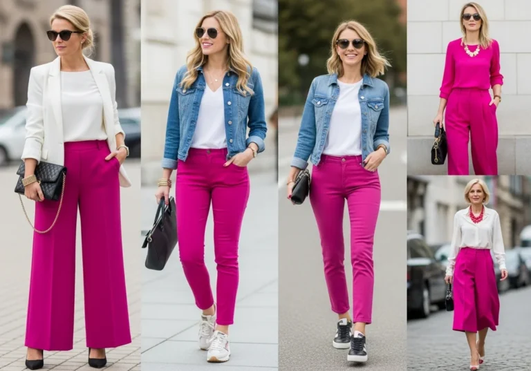 Kobiety w eleganckich stylizacjach ze spodniami w kolorze fuksji.