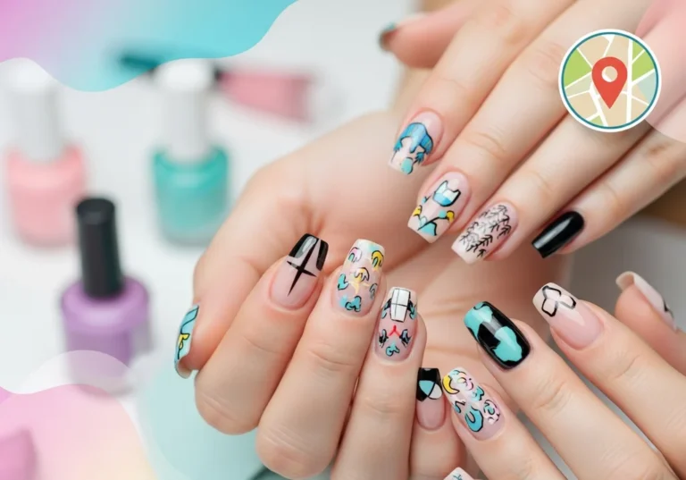 Kobieta z kolorowymi paznokciami ozdobionymi wzorami roślinnymi i geometrycznymi.