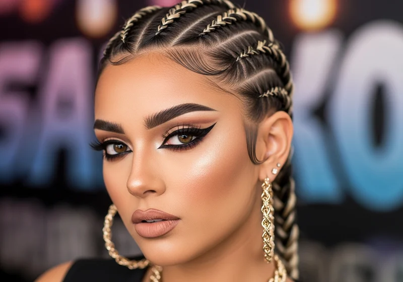 Kobieta z perfekcyjnym makijażem i warkoczami, w złotych kolczykach.