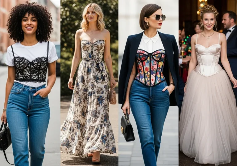 Stylizacje z gorsetem: czarny gorset z dżinsami, kwiecisty gorset z dżinsami, sukienka gorsetowa w kwiaty, biała sukienka gorsetowa.