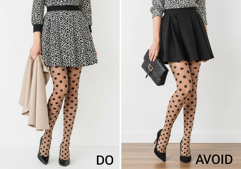DO: Sukienka w drobne kwiaty, płaszcz i rajstopy w kropki. AVOID: Czarna spódniczka, torebka i rajstopy w kropki.