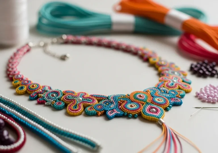 Kolorowy naszyjnik sutasz, nici, koraliki i igła na jasnym tle.