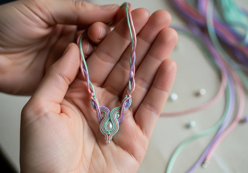 Naszyjnik z sutaszu w pastelowych kolorach, ozdobiony perłą, trzymany w dłoniach.